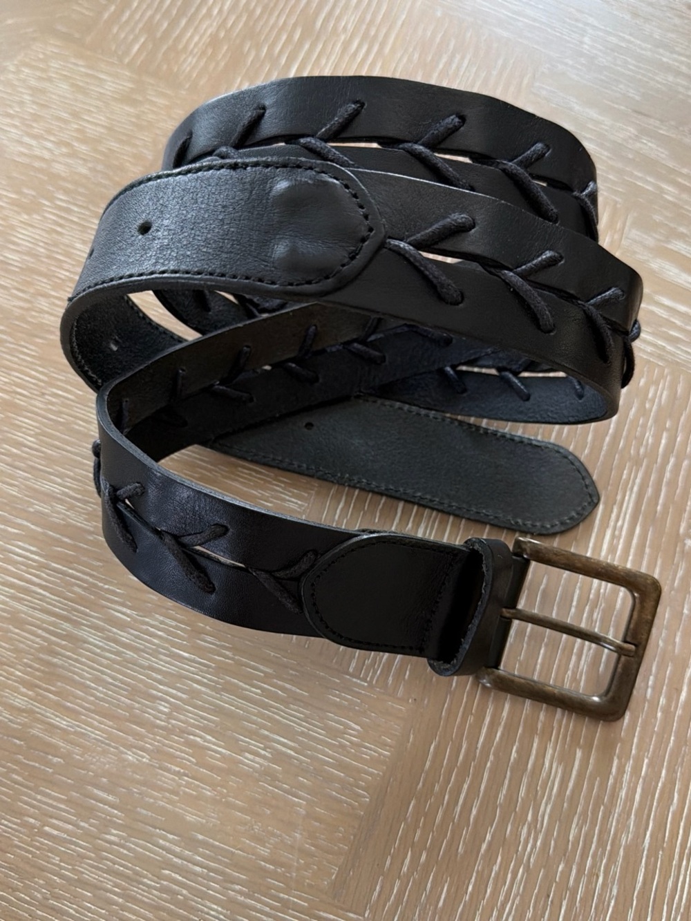 Men's Black Braided Leather Belt with Antique Brass Buckle